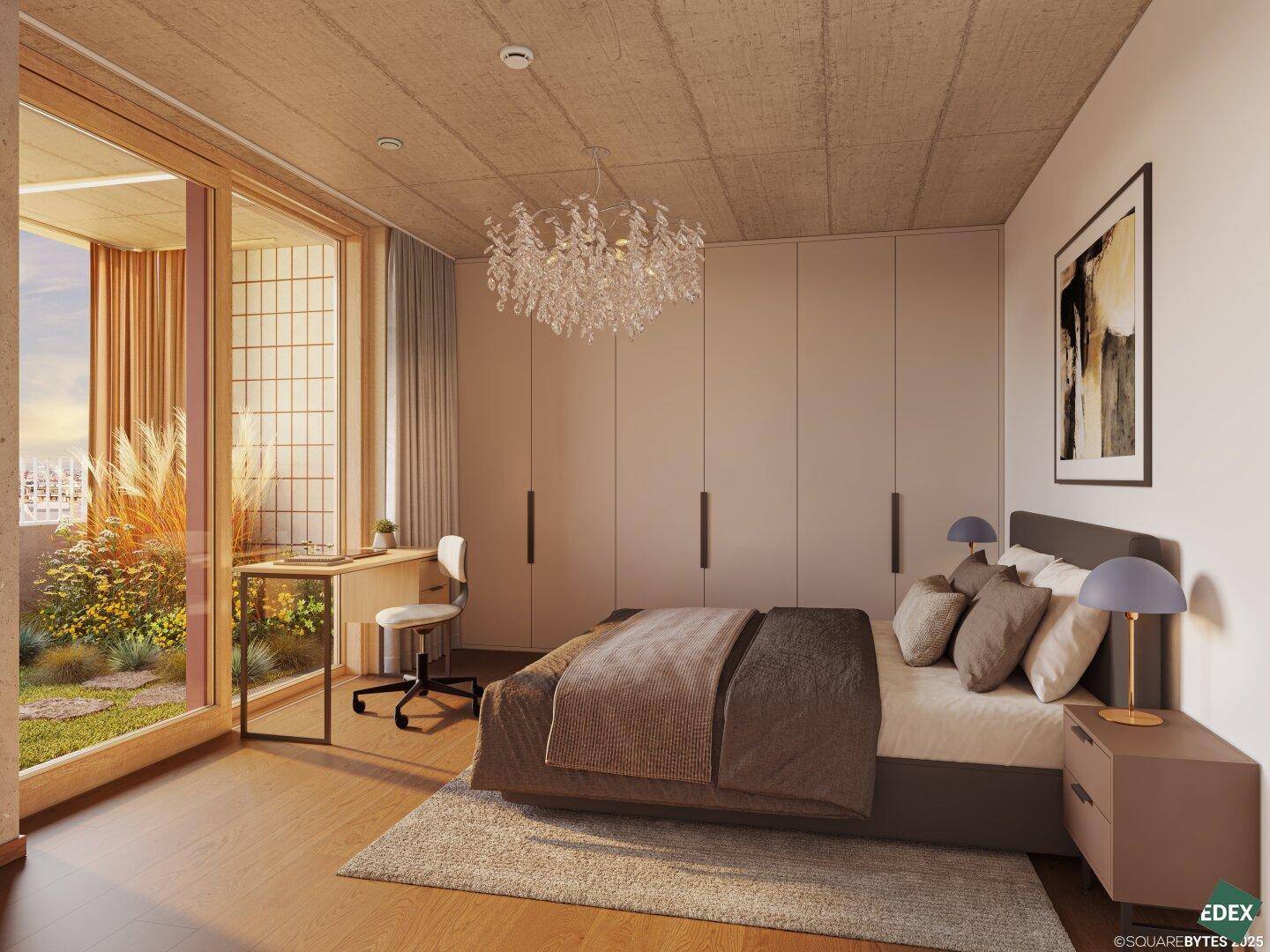 Modernes Schlafzimmer mit Holzboden, Einbauschränken und Zugang zu einem begrünten Außenbereich.