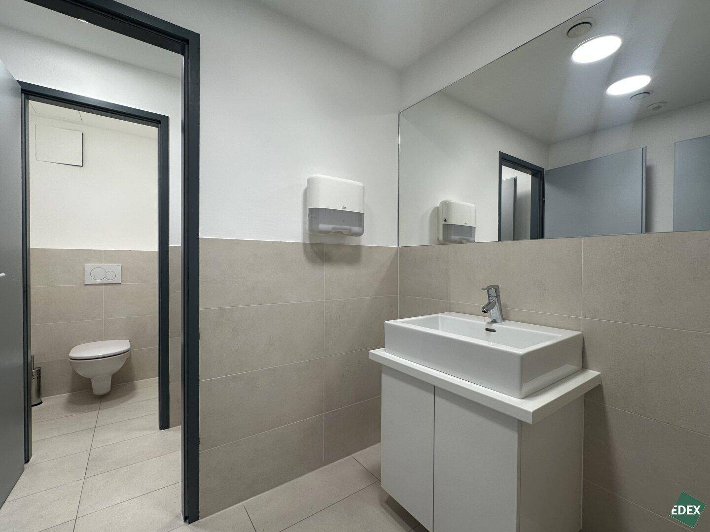Modernes Badezimmer mit Waschbecken, Spiegel und separater Toilette.