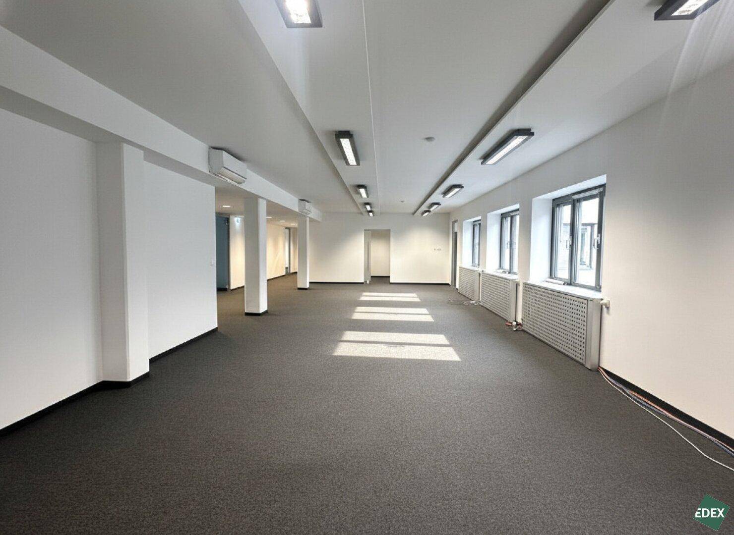 Großes, leeres Büro mit Teppichboden, vielen Fenstern und moderner Beleuchtung.