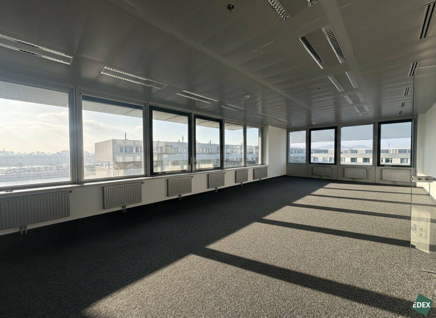 Großer, heller Büroraum mit Teppichboden, vielen Fenstern und Heizkörpern, bietet eine flexible Arbeitsumgebung.