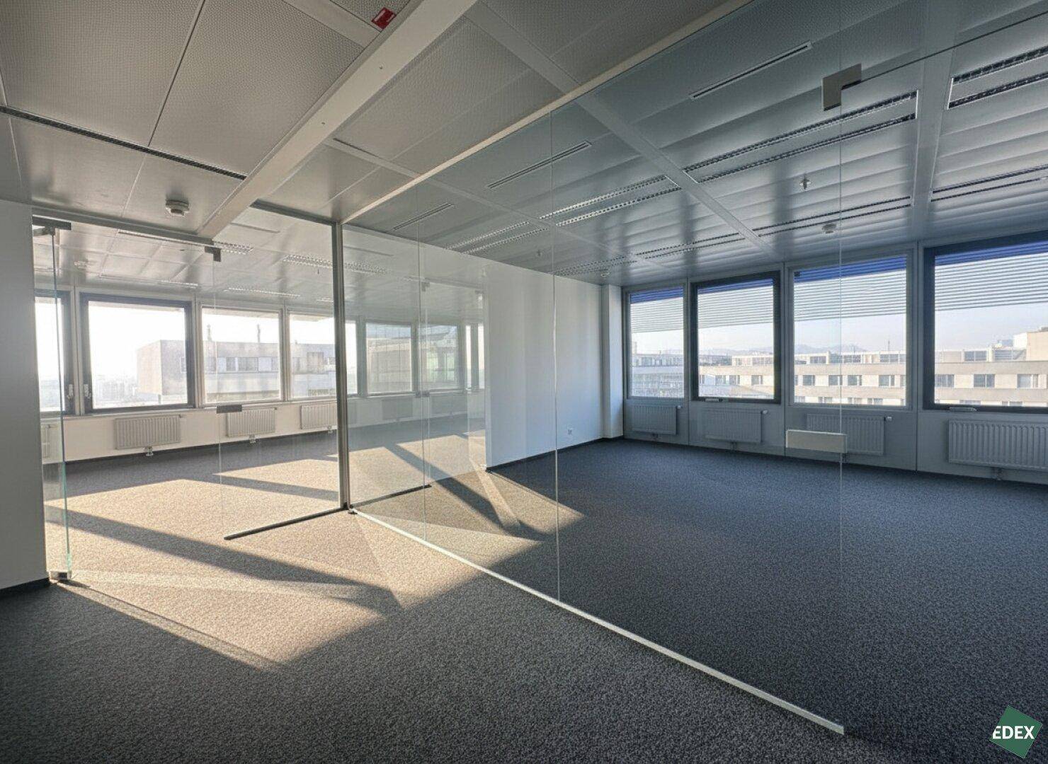 Helles Büro mit Glaswänden, Teppichboden und weitem Ausblick durch die großen Fenster, perfekt für flexible Arbeitsbereiche.