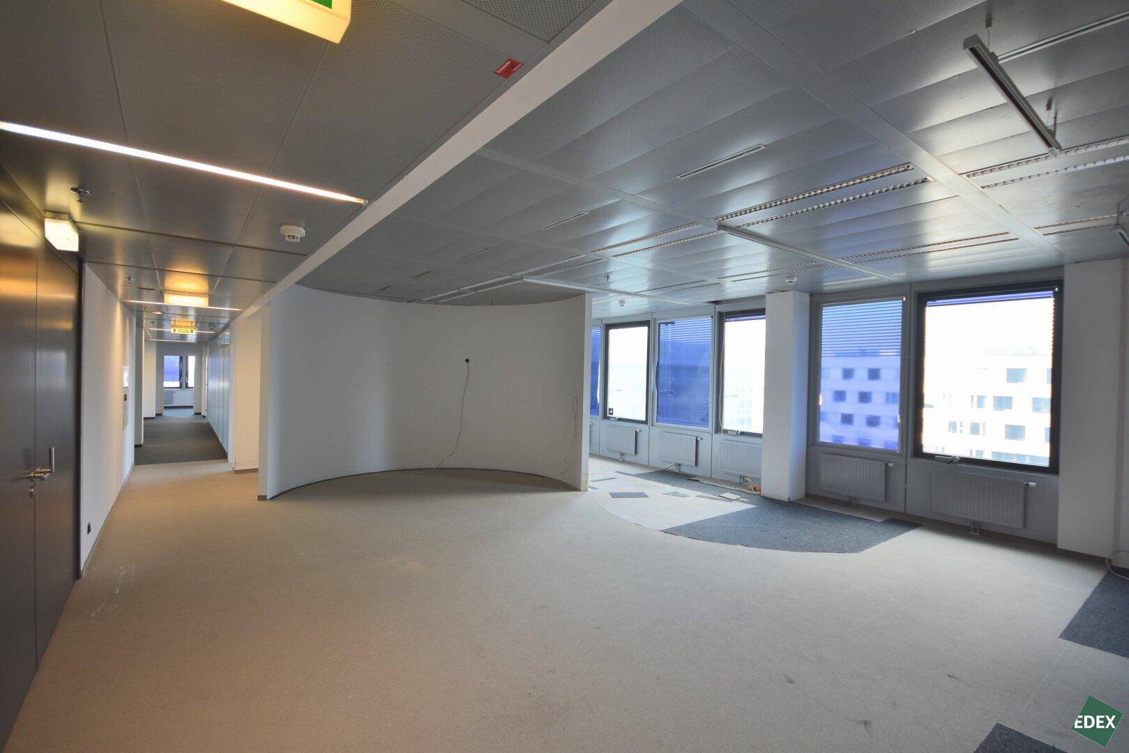 Großer, offener Bürobereich mit gebogener Wand, Teppichboden und vielen Fenstern, bietet flexible Gestaltungsmöglichkeiten.