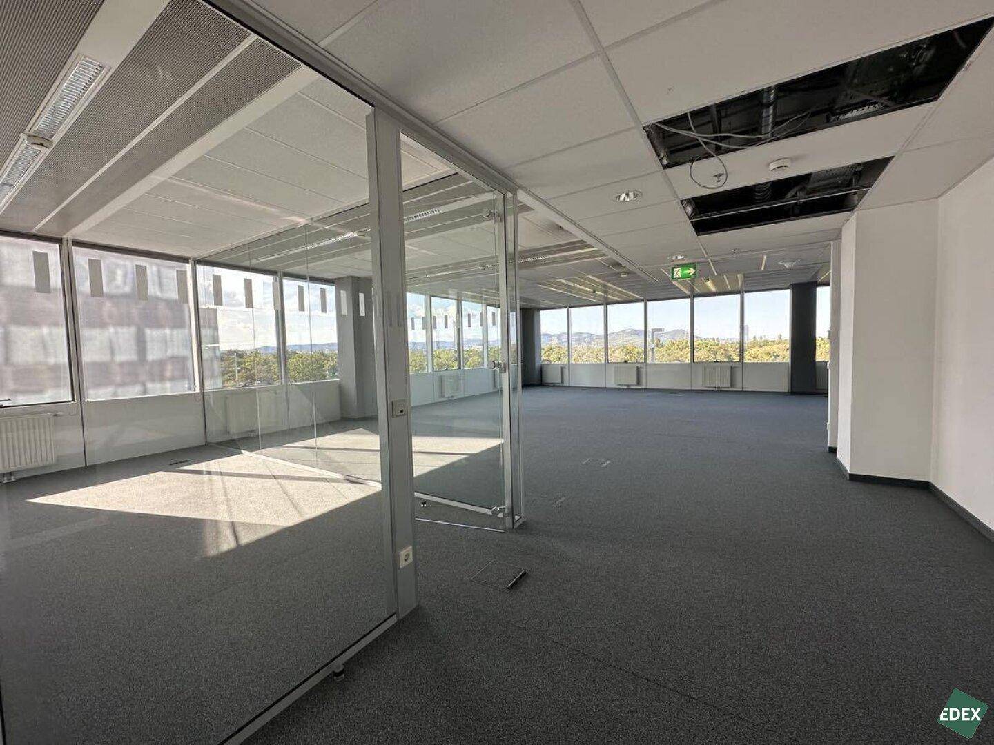 Heller Büroraum mit Glaswänden, Teppichboden und weitem Ausblick, teilweise mit offener Deckenkonstruktion.