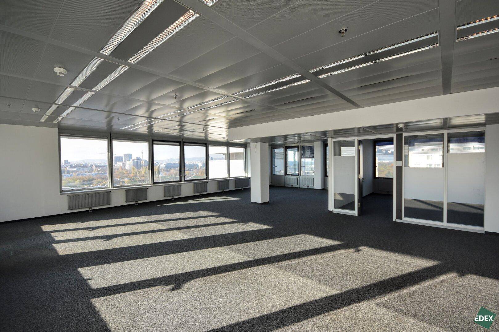 Geräumiges Büro mit dunklem Teppichboden, großen Fenstern und Blick auf die Stadt, ausgestattet mit moderner Beleuchtung.