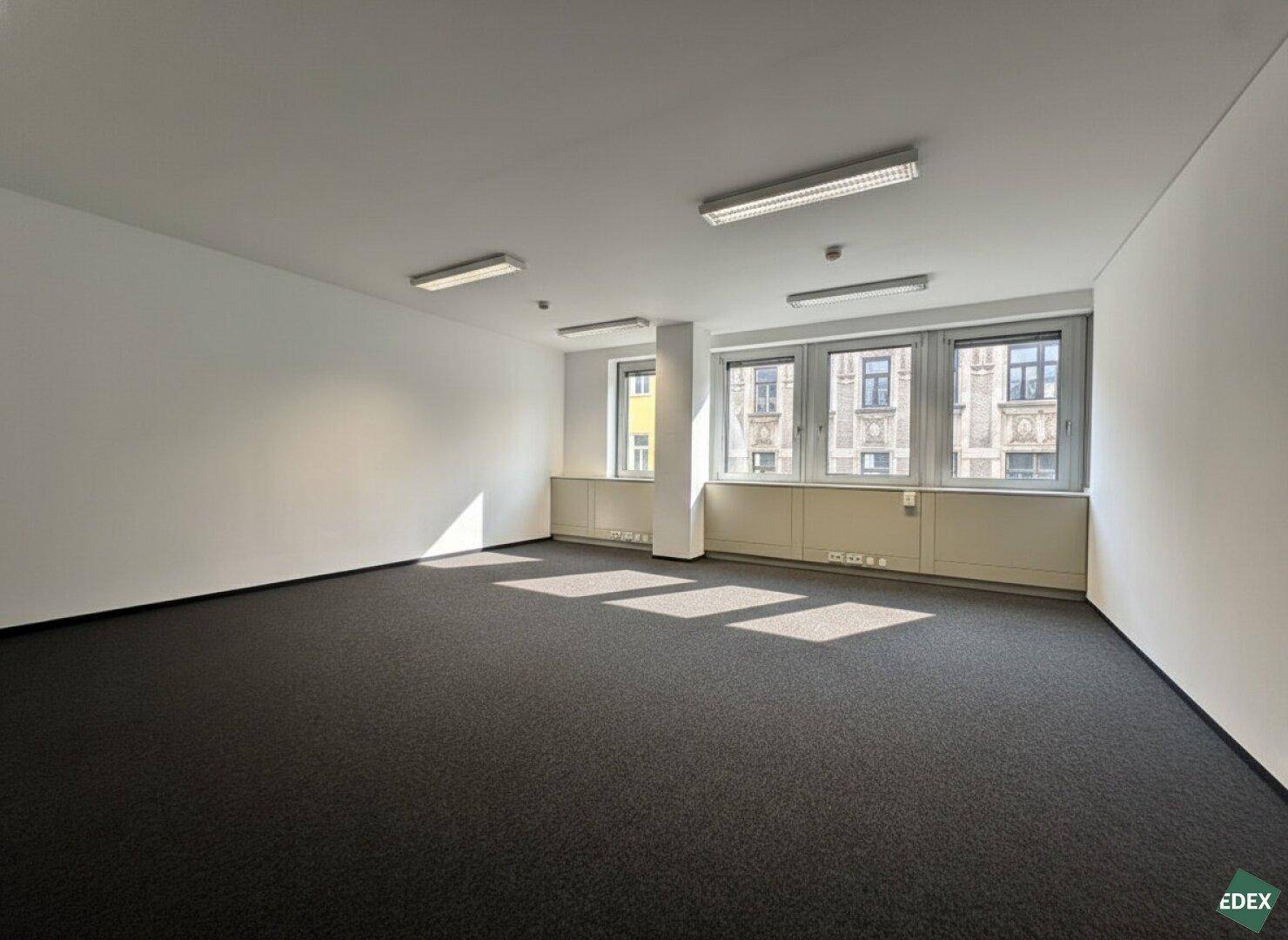 Leerer Büroraum mit Teppichboden, weißen Wänden und Fenstern, die viel natürliches Licht hereinlassen.