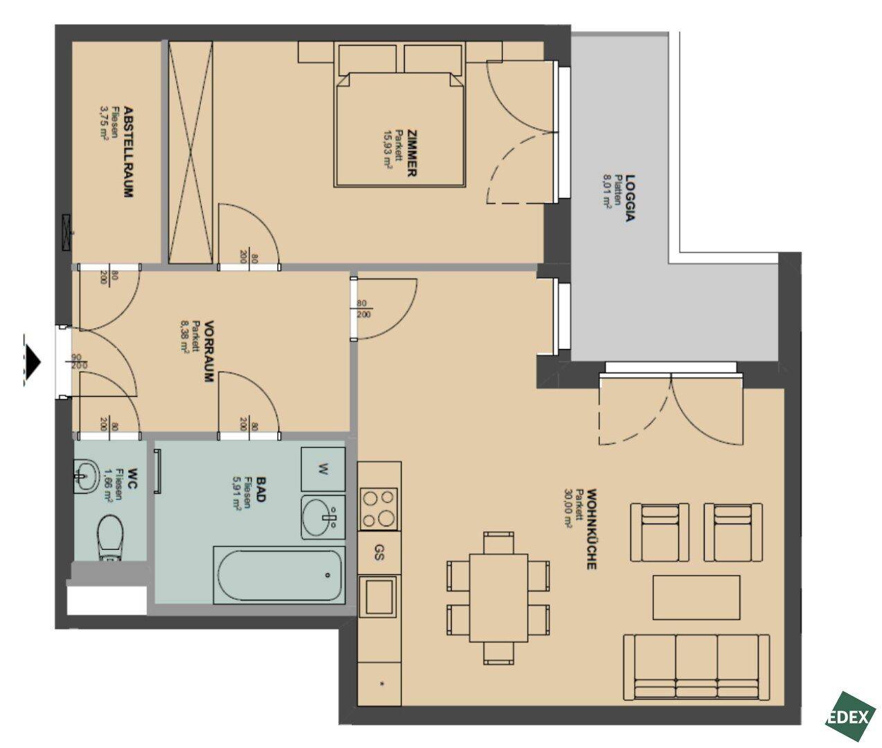 Grundriss einer Wohnung mit Wohnküche, Schlafzimmer, Bad und Loggia.