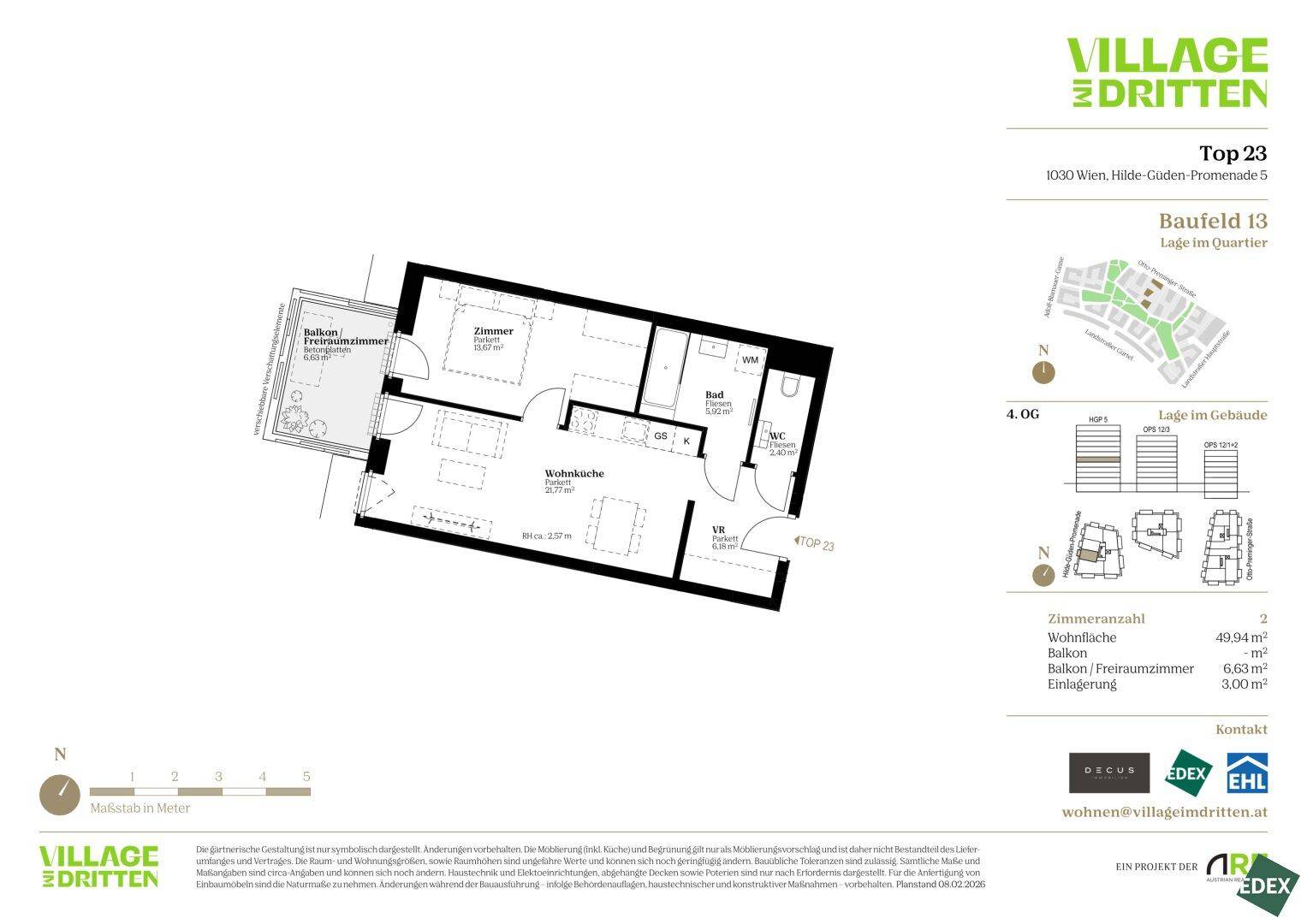 Grundriss einer Wohnung mit einem Schlafzimmer, Wohnküche, Bad und Balkon.