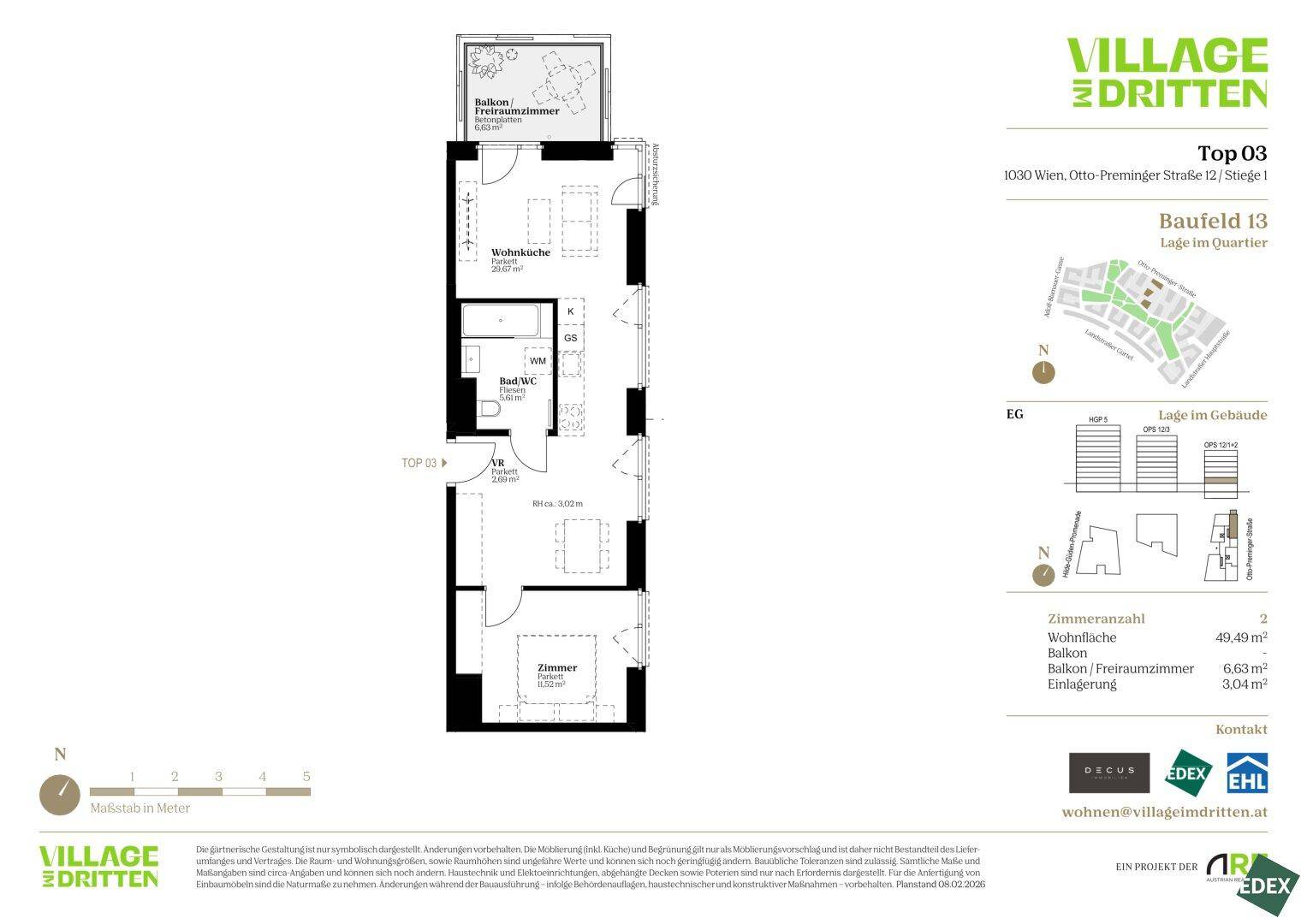 Grundriss einer Wohnung mit Wohnküche, Schlafzimmer und Balkon, Gesamtfläche 49,49 m².