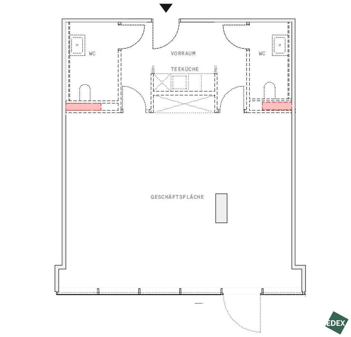 Grundriss einer Geschäftsfläche mit Teeküche und zwei WCs, ideal für Büronutzung.