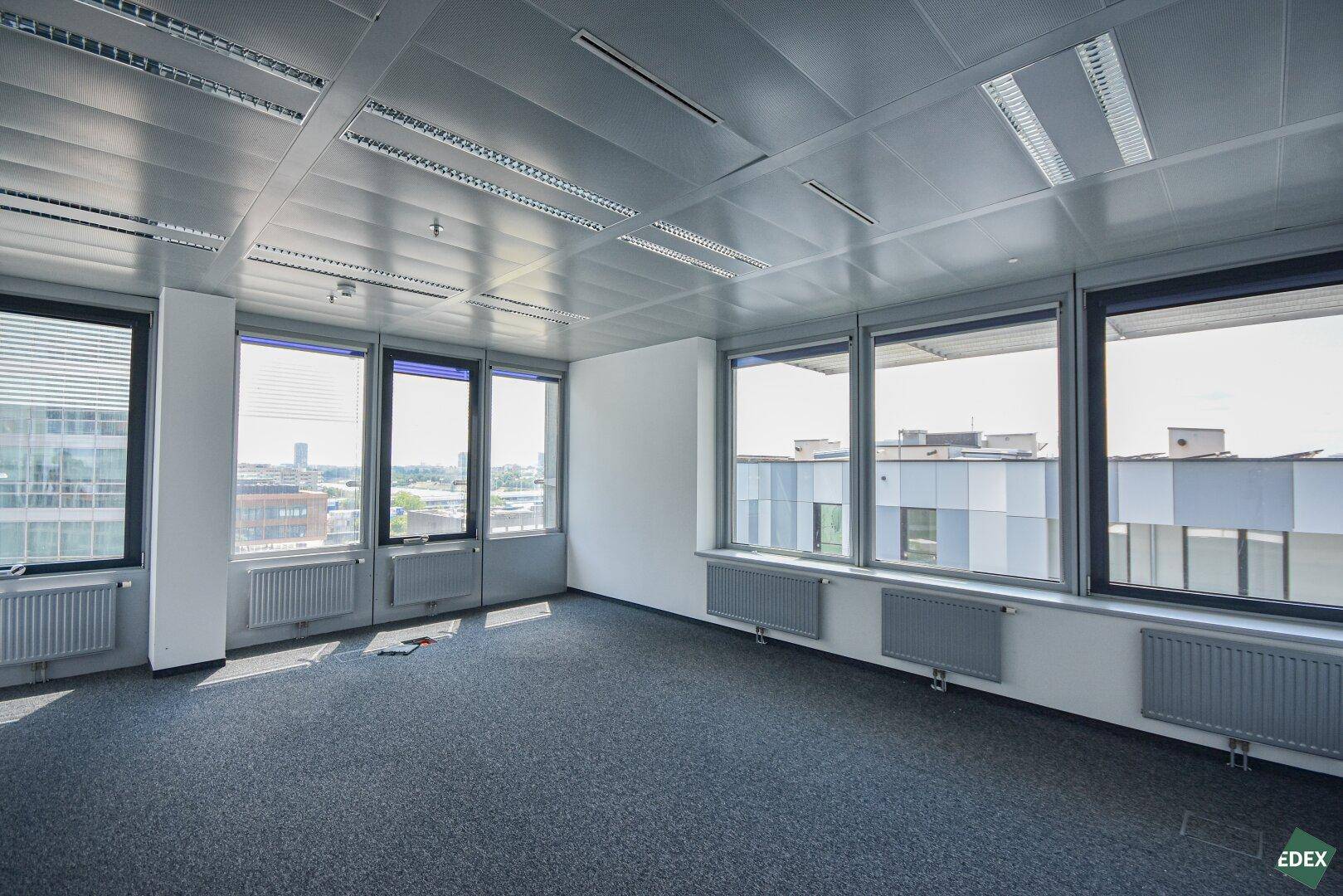 Geräumiges, leeres Büro mit Teppichboden, großen Fenstern und Heizkörpern, bereit zur individuellen Gestaltung.