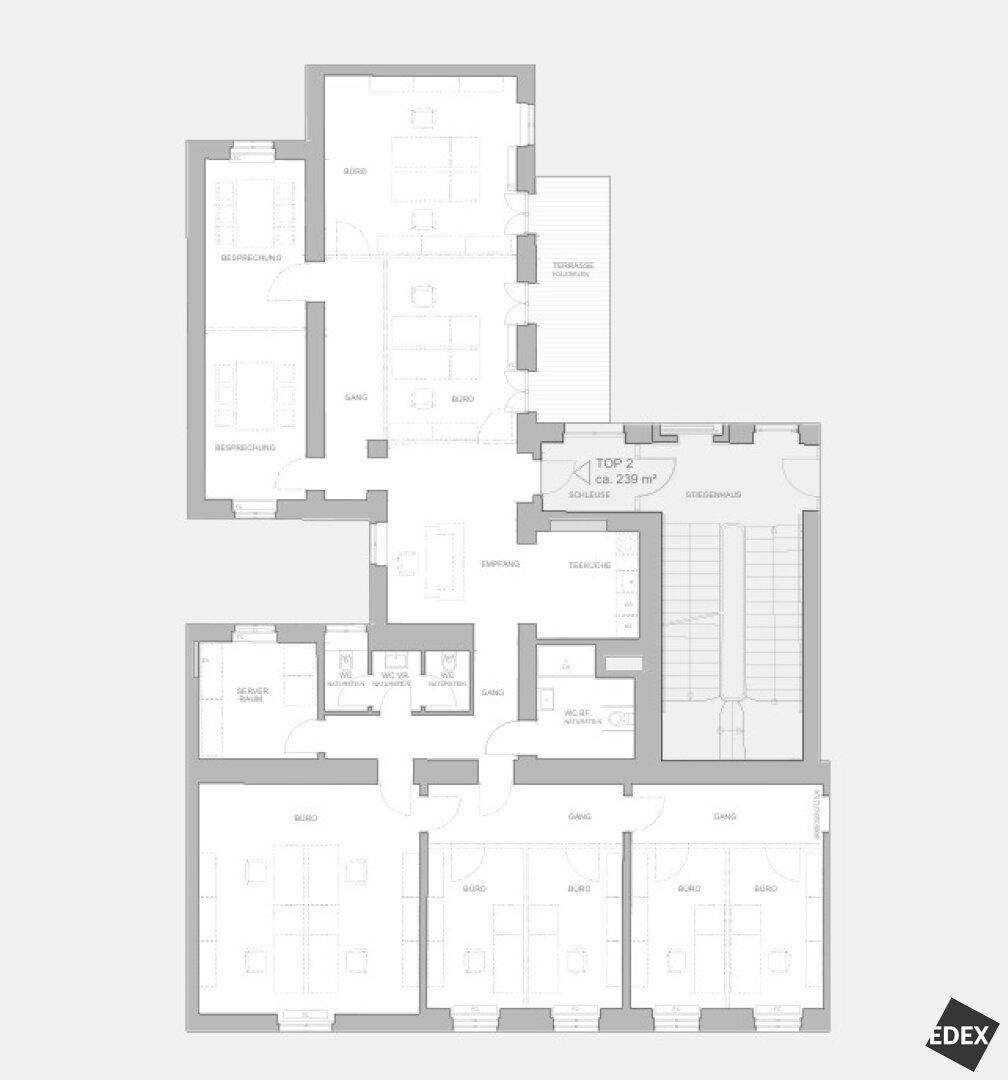 Grundriss einer Gewerbefläche von ca. 230 m² mit mehreren Büros und Terrassenzugang.