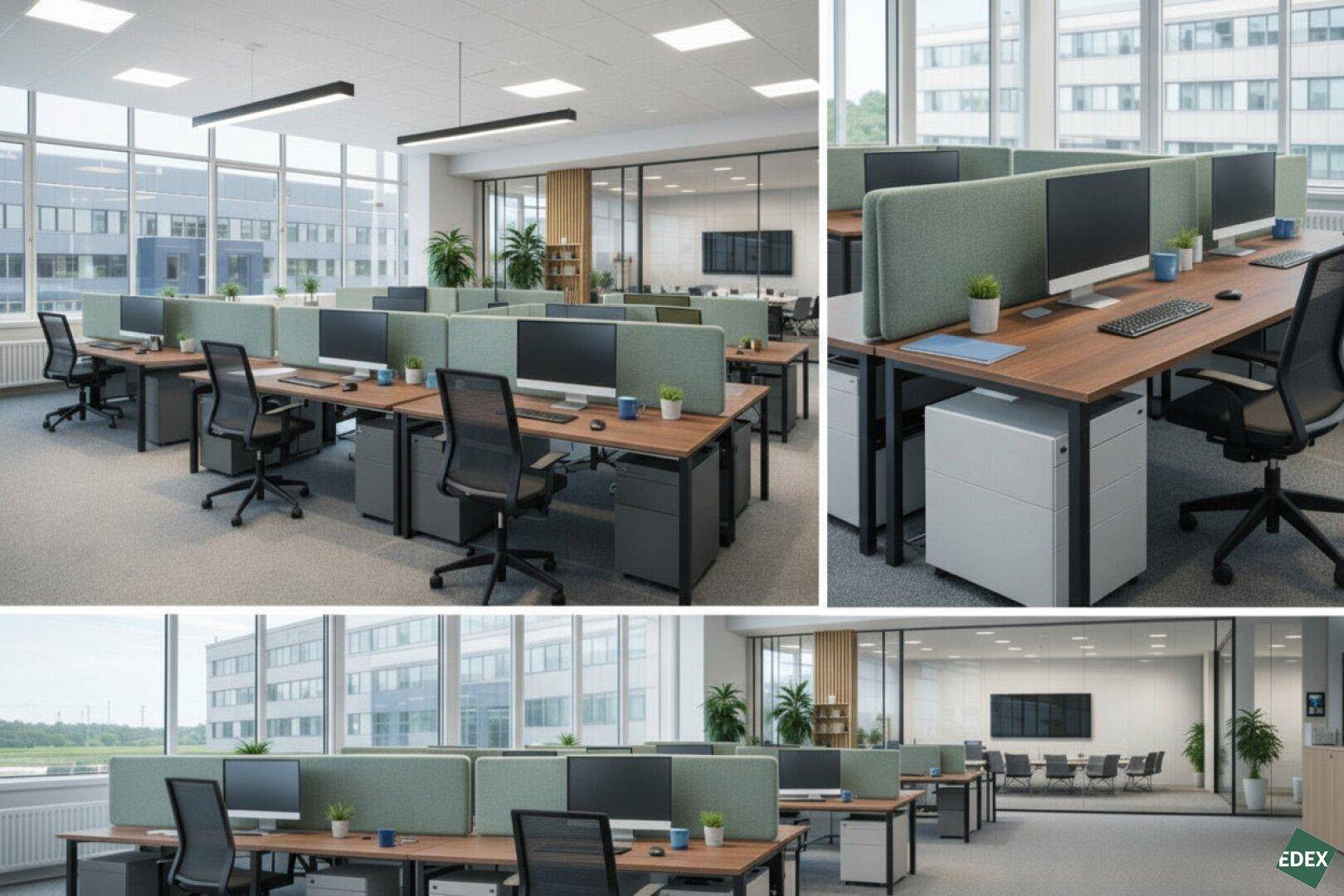 Mehrere Perspektiven eines modernen Büros mit ergonomischen Arbeitsplätzen, viel Tageslicht und Blick auf die Stadt.