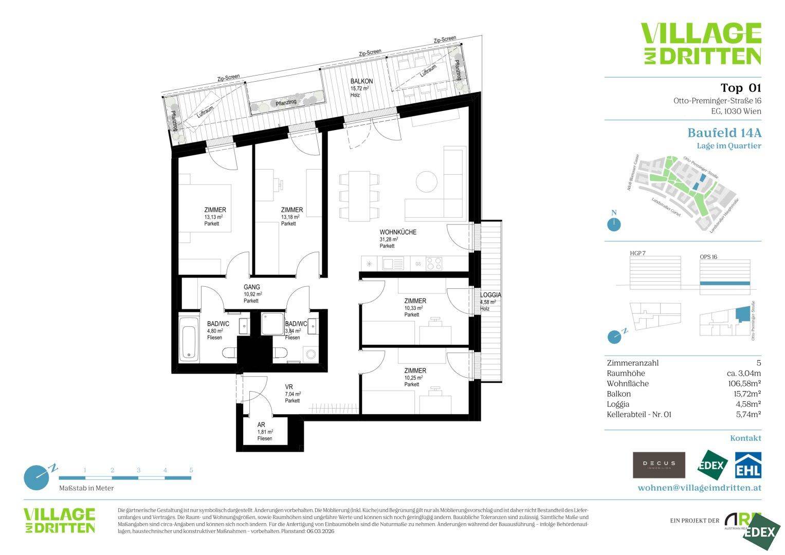 Detaillierter Grundriss einer Wohnung mit mehreren Zimmern, Balkon und Loggia.