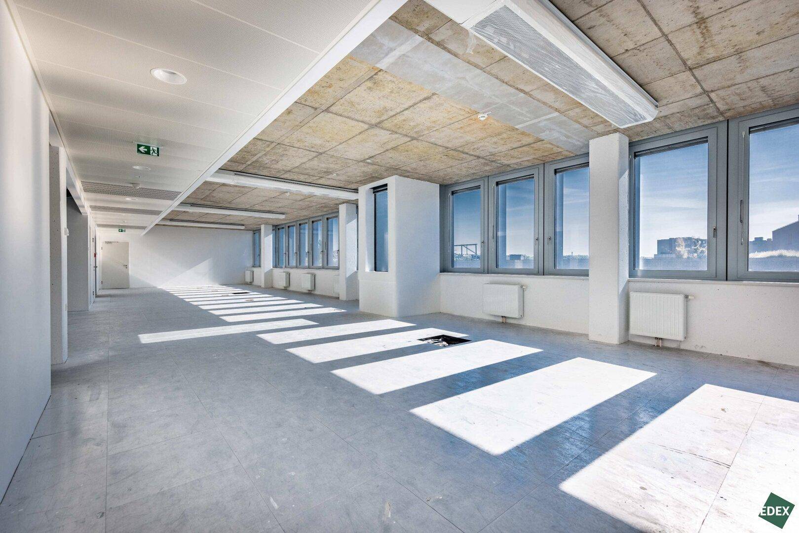 Heller Büroraum mit Betonboden und langen Schatten von den Fenstern, bereit für die individuelle Gestaltung.