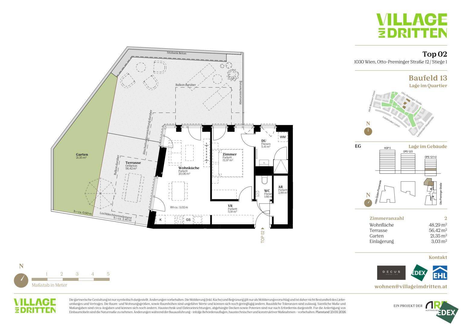 Grundriss einer Wohnung mit Terrasse und Gartenbereich, inklusive Zimmeraufteilung.