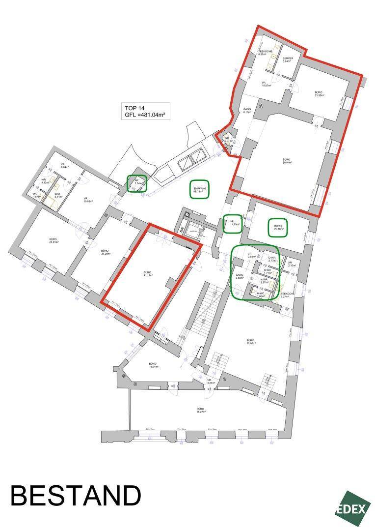 Detaillierter Grundriss einer großen Einheit mit mehreren Räumen und einer Gesamtfläche von 481,04 m².