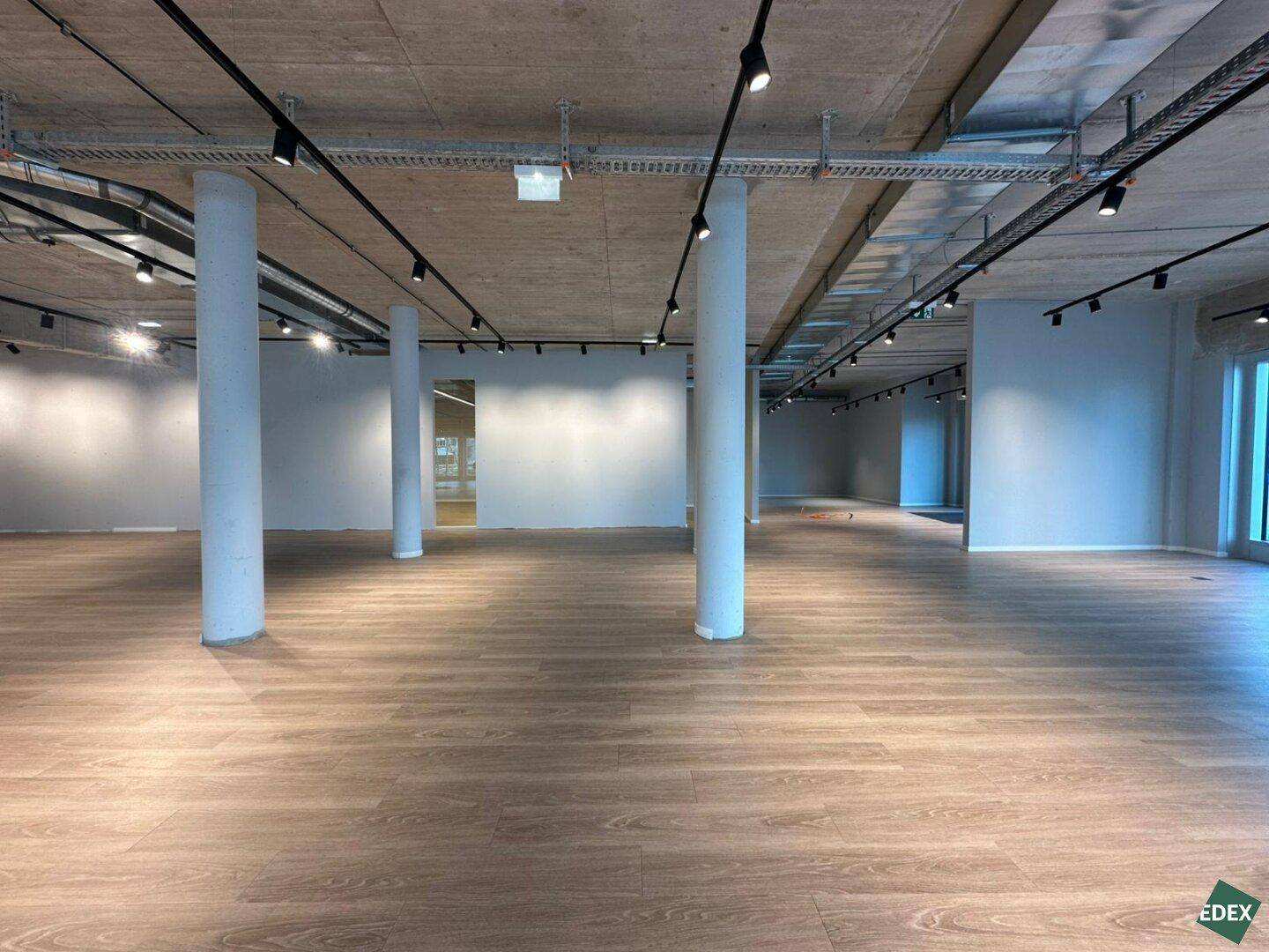 Großer, offener Gewerberaum mit Säulen, hellen Wänden und sichtbaren Deckeninstallationen in neuwertigem Zustand.