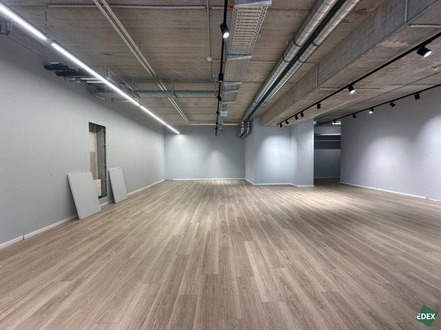 Hinterer Bereich eines Gewerberaums mit grauen Wänden, Betonoptikdecke und moderner LED-Beleuchtung.