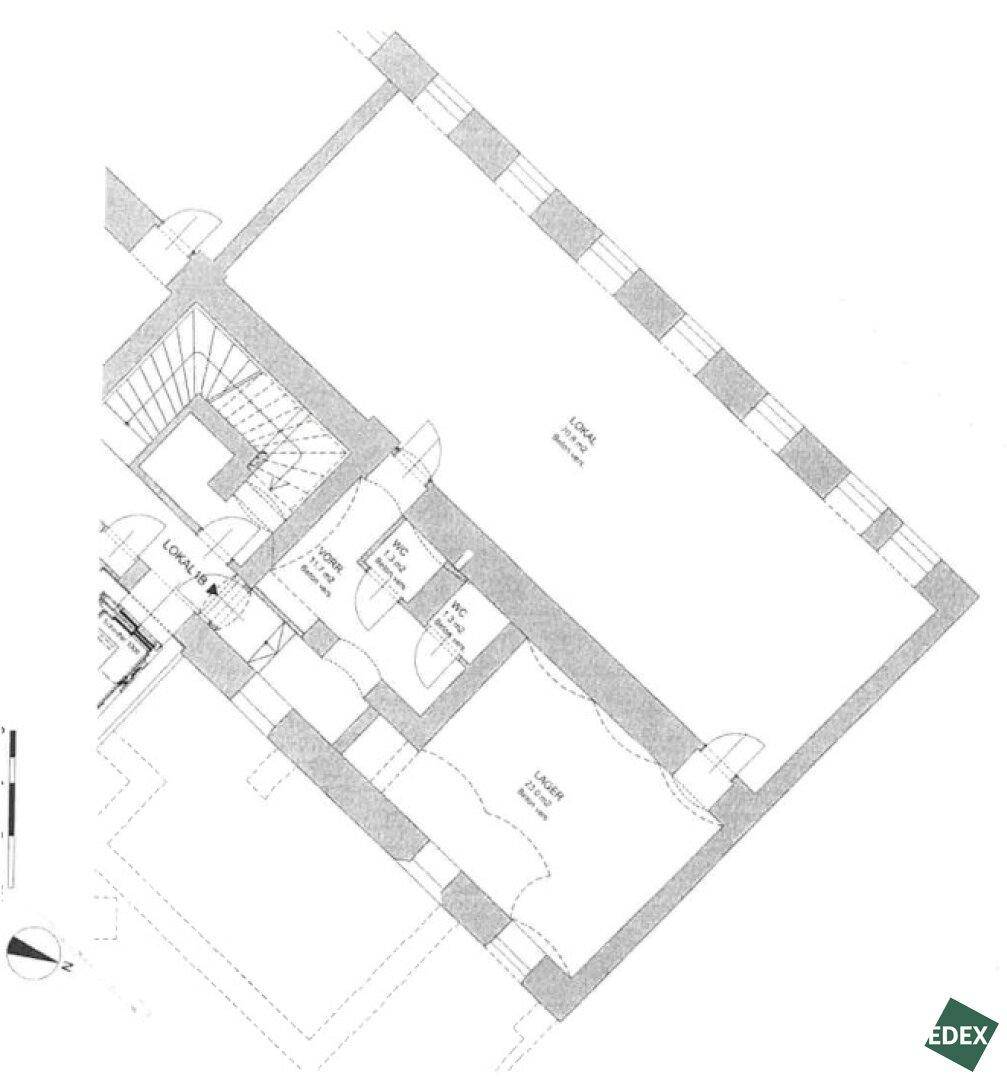 Grundrissplan zeigt die Aufteilung der Gewerbefläche mit Lager und Toilettenbereichen.