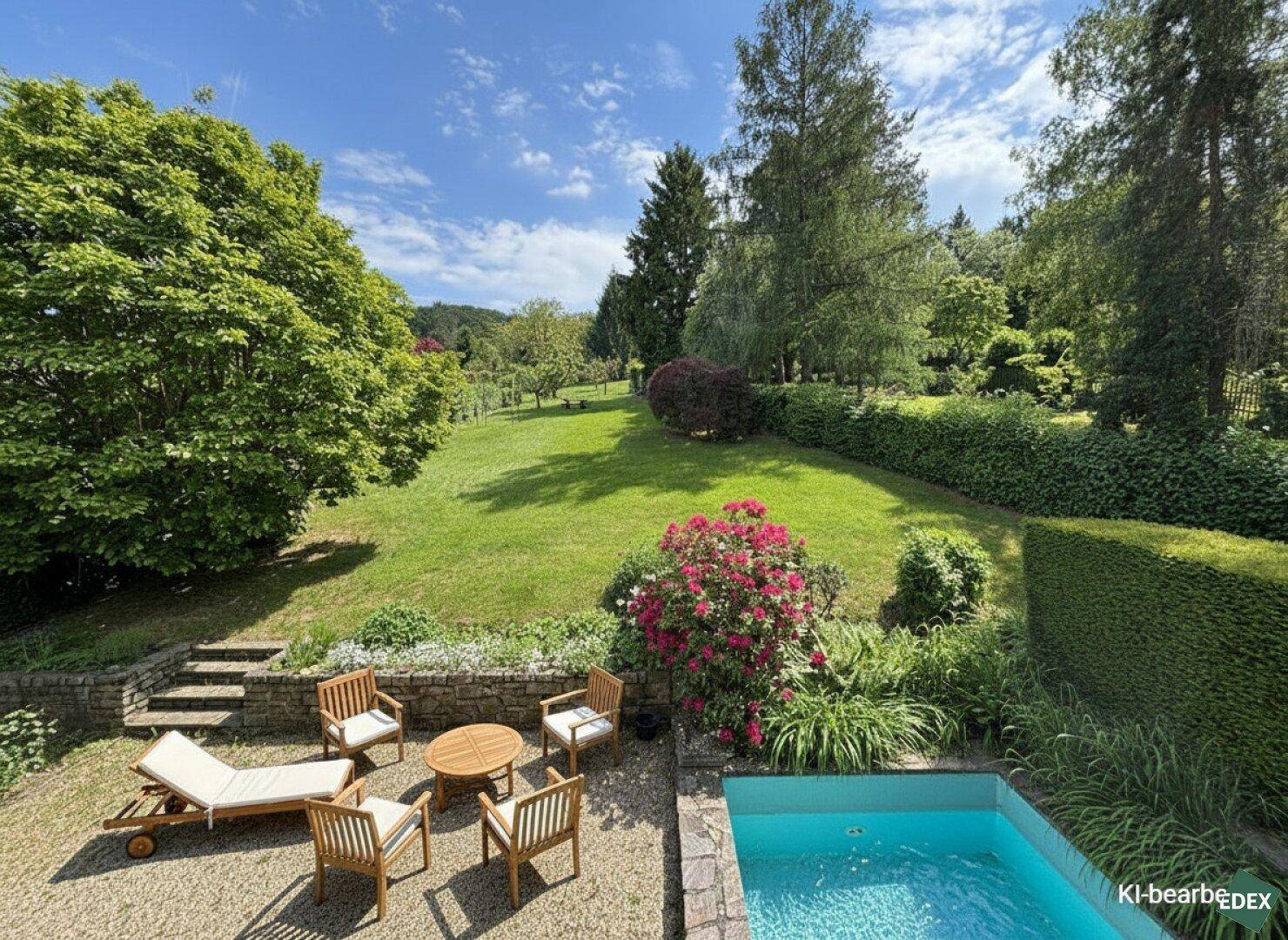 Gartenbereich mit kleinem Pool, gemütlichen Sitzgelegenheiten und blühenden Sträuchern.