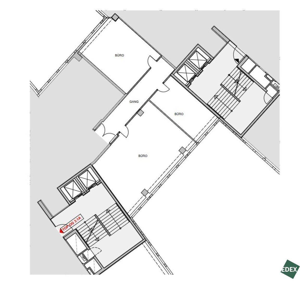 Grundriss zeigt drei Büroräume und einen Flur mit Treppenhaus und Aufzugsschächten, ideal für eine Büroeinheit.