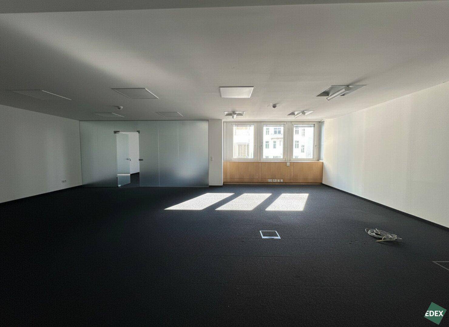 Moderner Büroraum mit Teppichboden und Glasabtrennung, bietet viel Tageslicht und Flexibilität.
