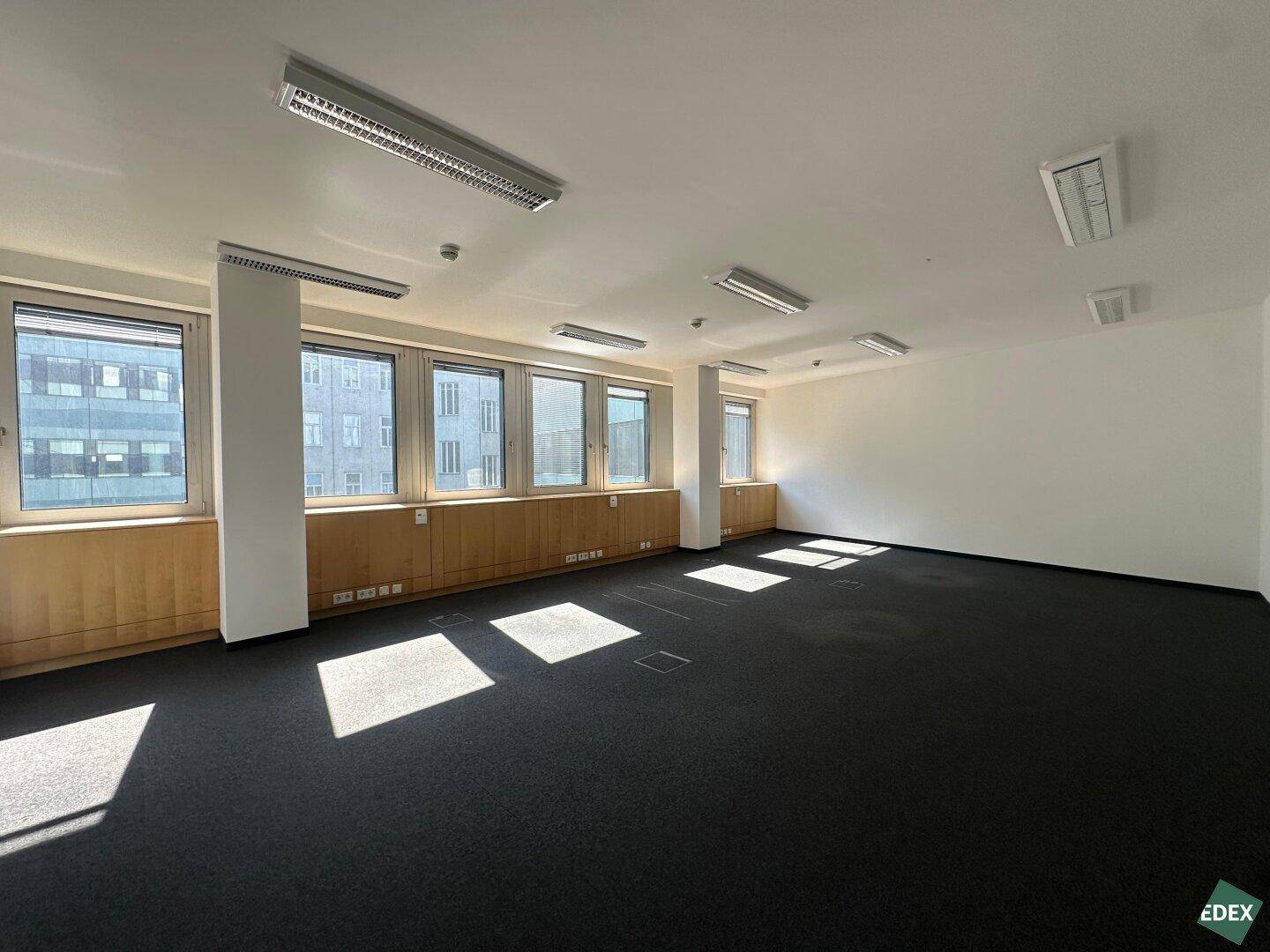 Großzügiges Büro mit Teppichboden und vielen Fenstern, die eine helle und freundliche Atmosphäre bieten.