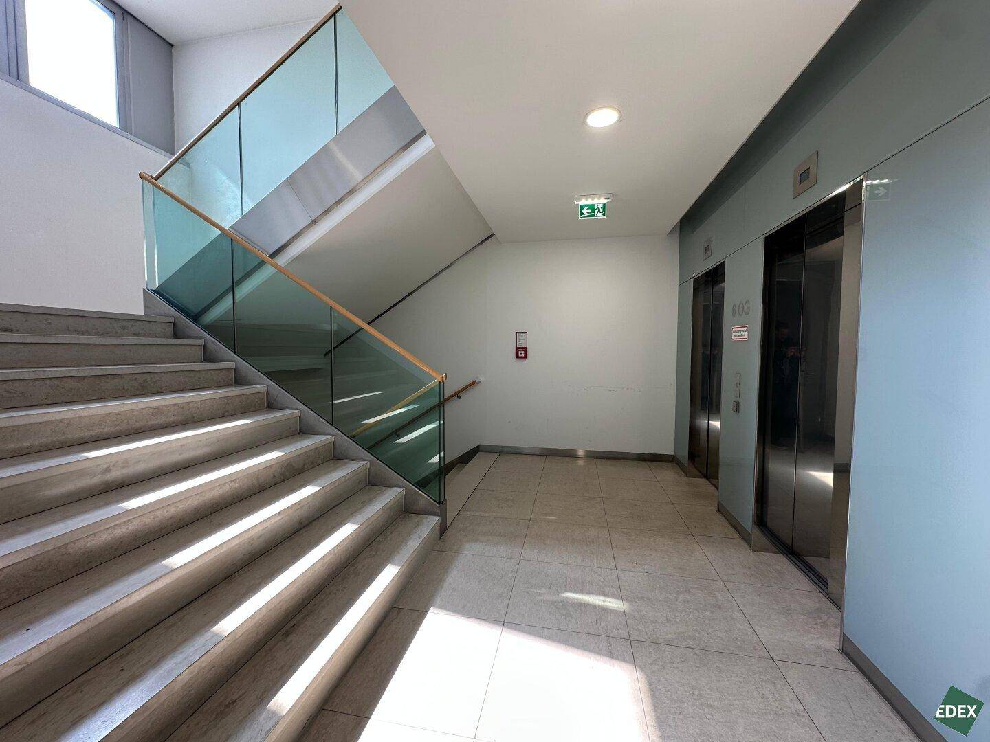 Heller Eingangsbereich mit moderner Treppe, Glasgeländer und zwei Aufzügen, einladend gestaltet.
