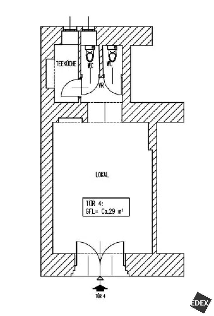 Grundrissplan eines Gewerberaums mit Teeküche und zwei separaten Toilettenbereichen.