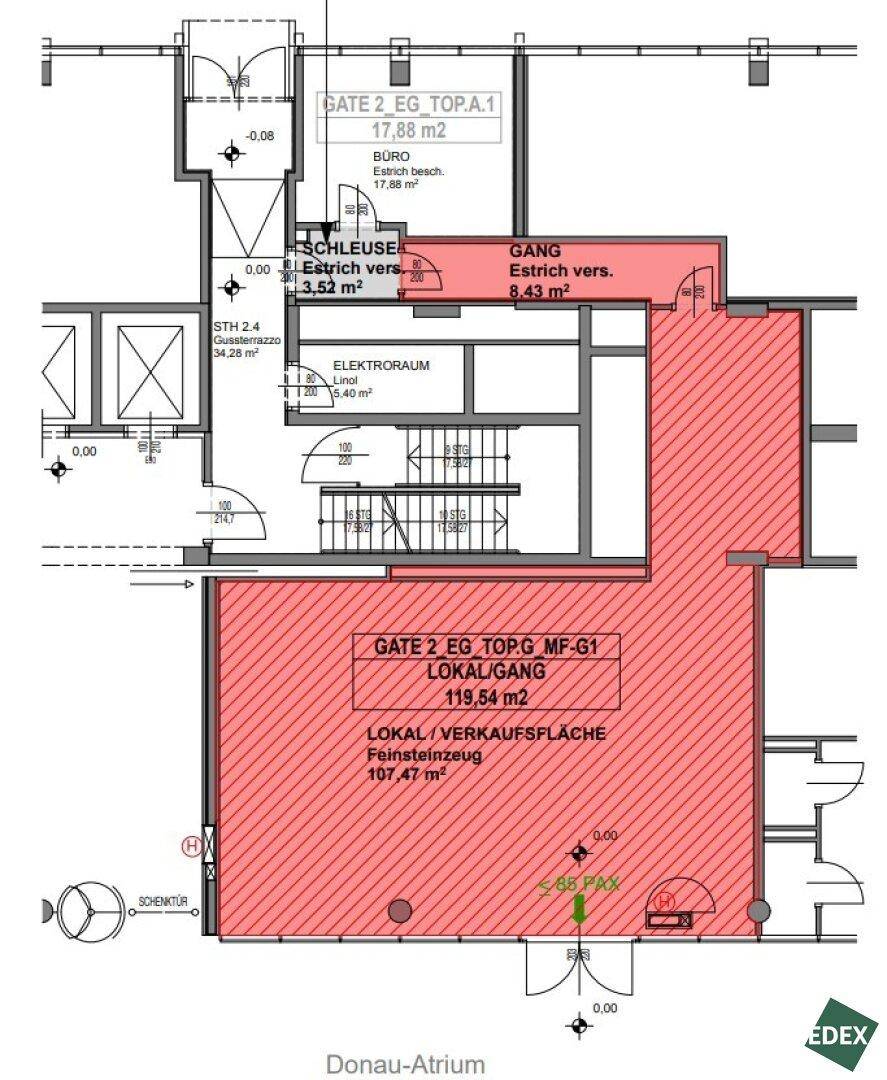 Grundrissplan einer Gewerbefläche mit offenem Layout, separatem Büro und Korridor, ideal für flexible Nutzung.