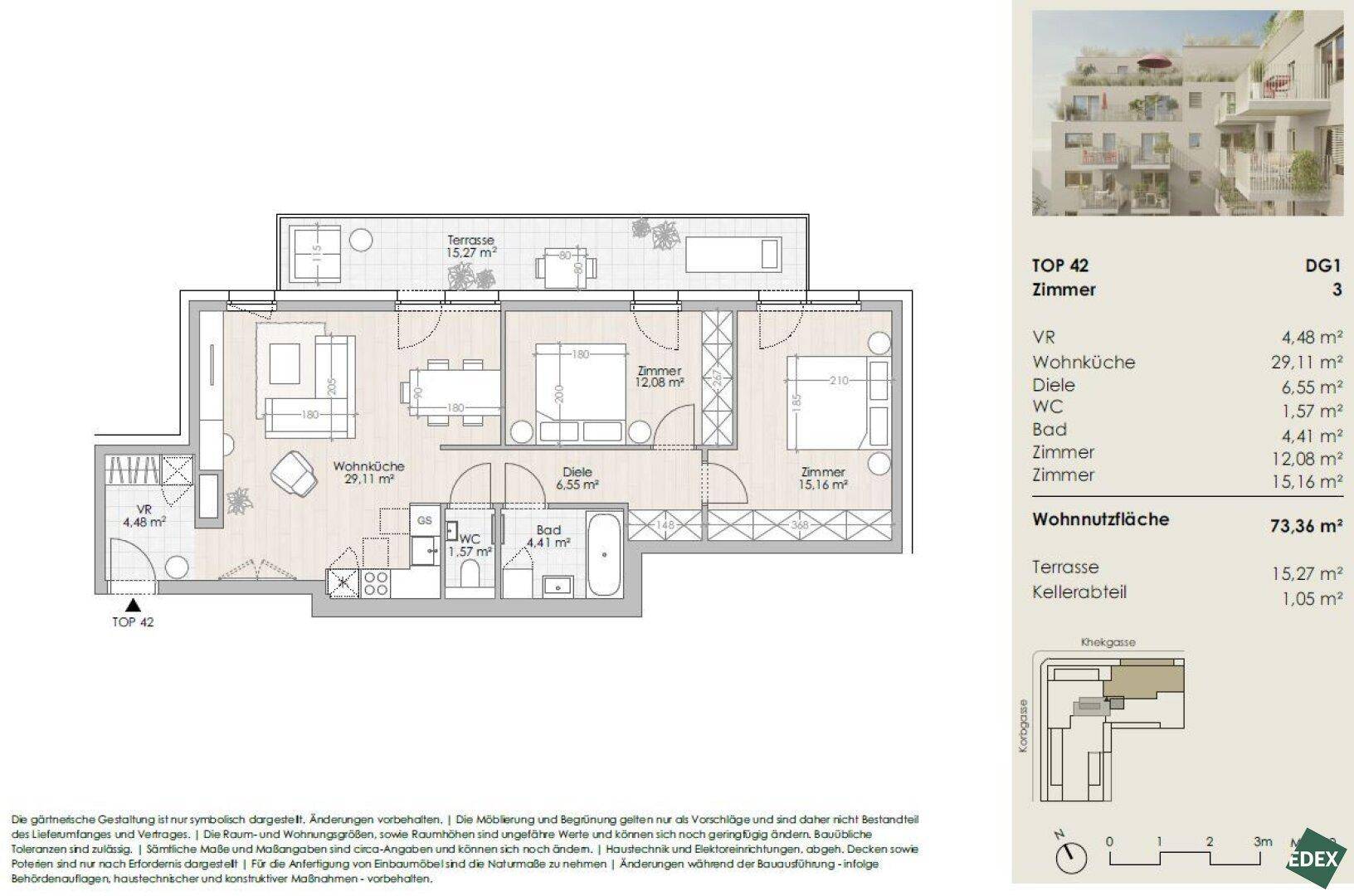 Grundriss einer Wohnung mit drei Zimmern, offener Wohnküche, Bad, WC und großer Terrasse.