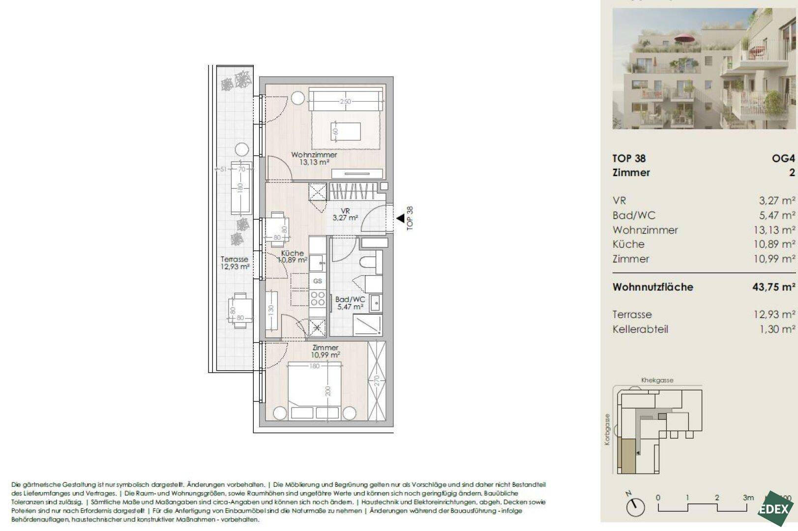 Grundriss einer Wohnung mit Wohnzimmer, Küche, Schlafzimmern und Terrasse.