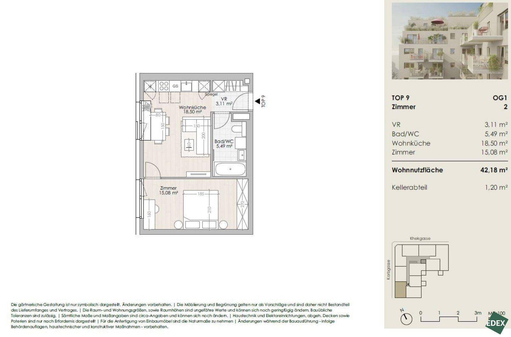 Grundriss einer Wohnung mit Wohnküche, Schlafzimmer und Bad, Gesamtfläche 42,18 m².