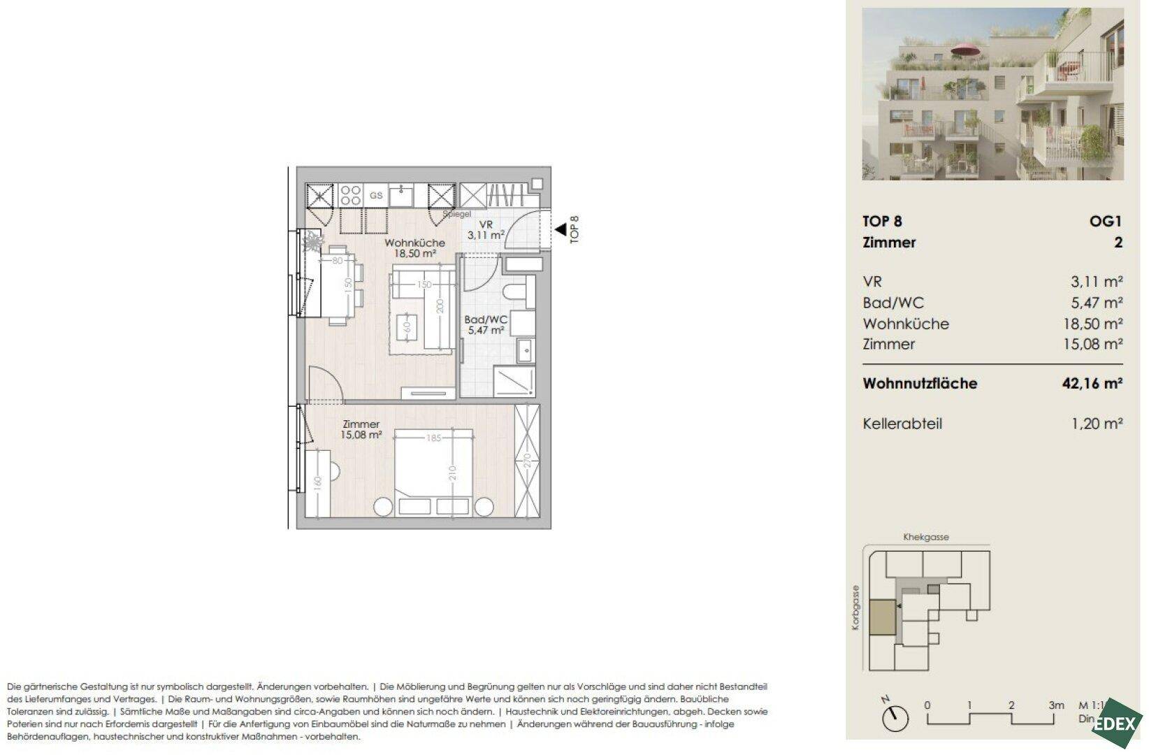 Grundriss der Wohnung TOP 8 mit zwei Zimmern, Wohnküche und Kellerabteil.
