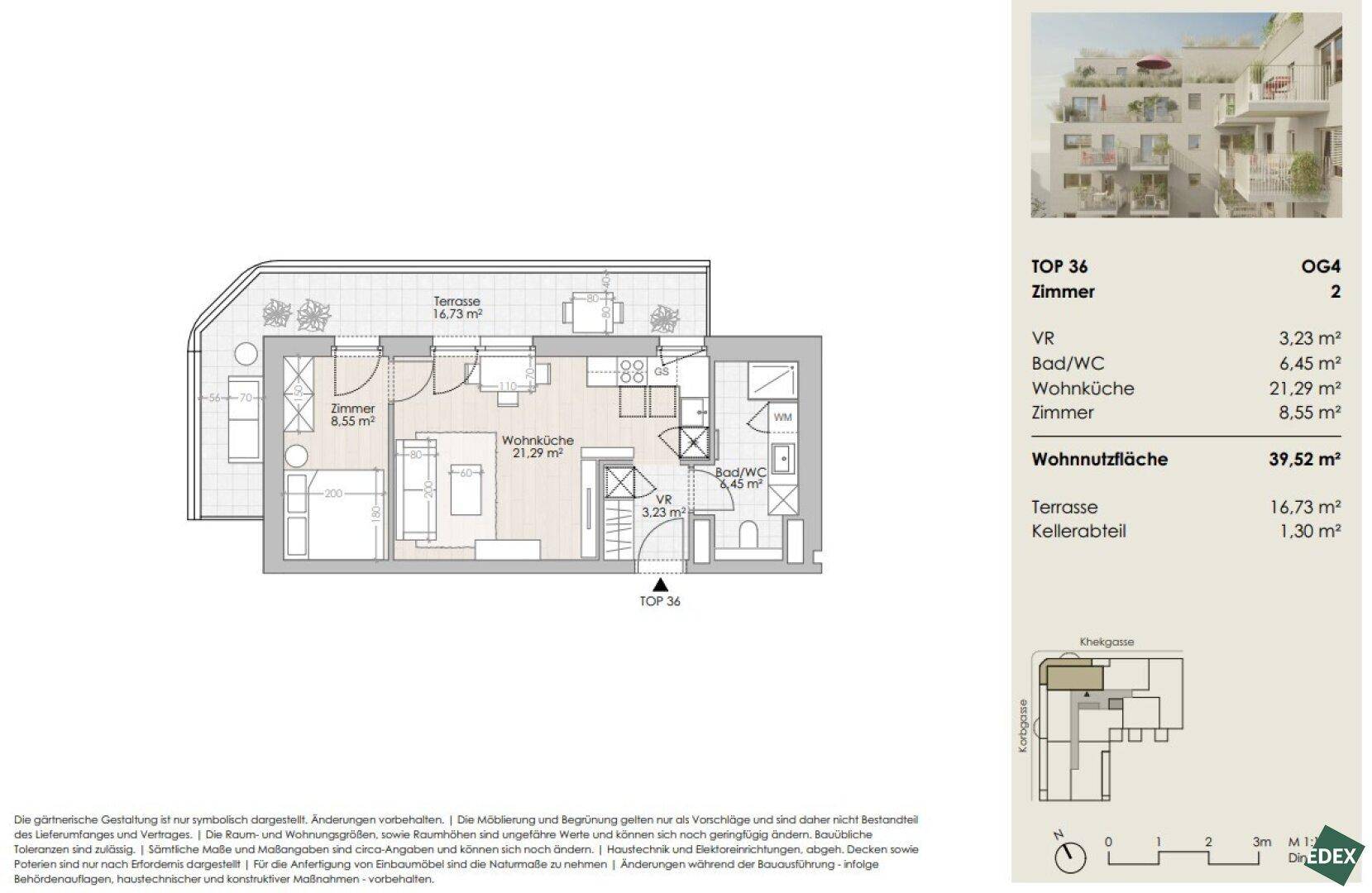 Grundriss einer Wohnung mit Terrasse, einem Schlafzimmer und offenem Wohnbereich.