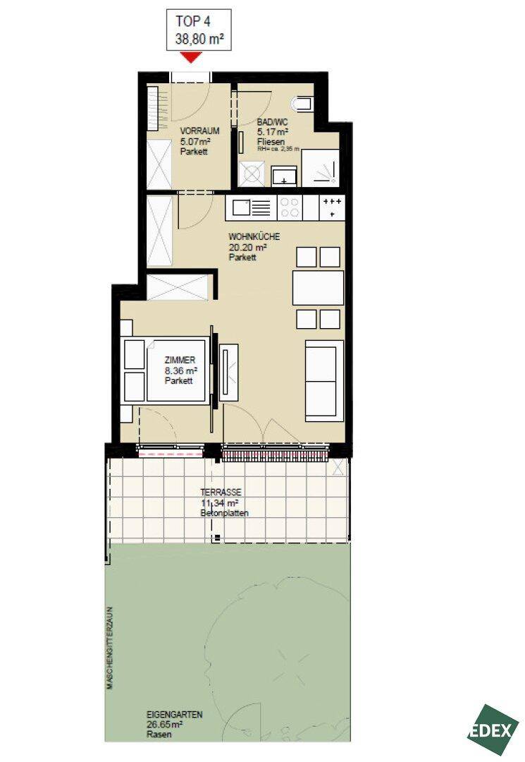 Grundriss der Wohnung mit Wohnküche, Schlafzimmer, Bad, Terrasse und eigenem Gartenbereich.