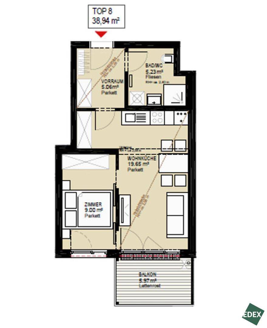 Grundriss der Wohnung mit Balkon, Wohnküche, Schlafzimmer und Badezimmer.