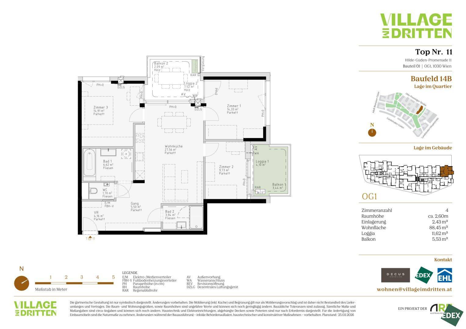 Detaillierter Grundriss einer Wohnung mit vier Zimmern und Loggia.