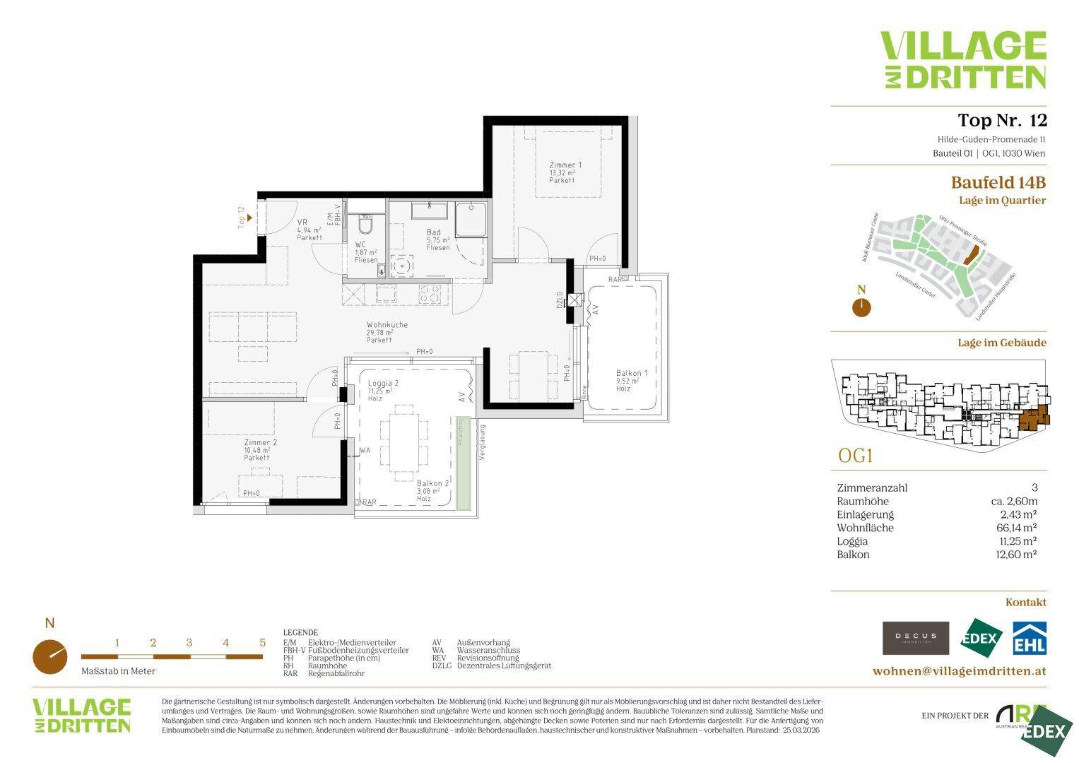 Detaillierter Grundriss einer modernen Wohnung mit offener Wohnküche, zwei Schlafzimmern, Bad, Loggia und Balkon.