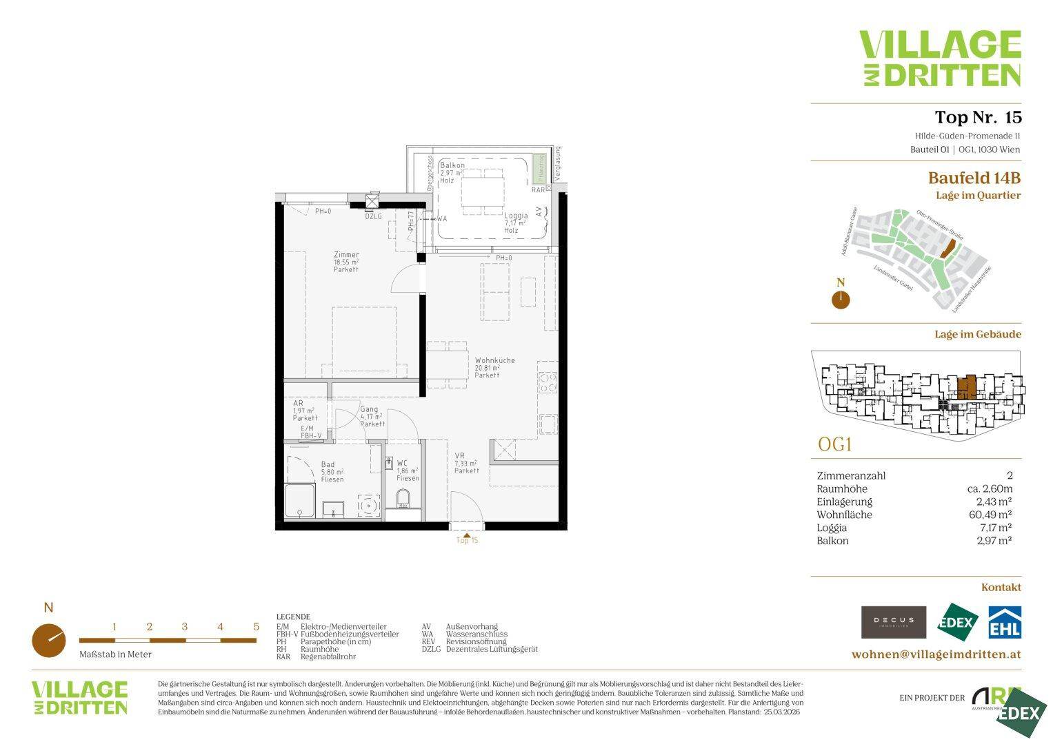 Grundriss der Wohnung Top Nr. 15 mit zwei Zimmern, Bad, WC und Loggia.