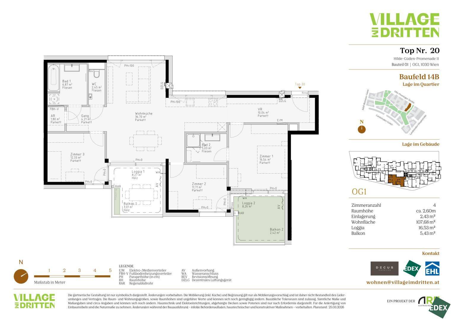 Grundriss einer 4-Zimmer-Wohnung mit offener Wohnküche, zwei Bädern, Loggia und Balkon.
