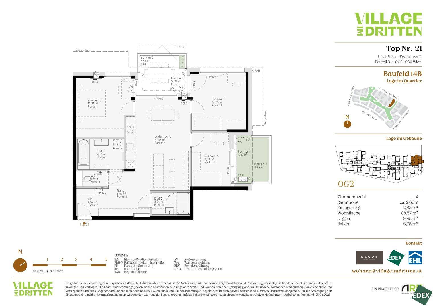 Grundriss einer Zweizimmerwohnung mit Loggia und Balkon.