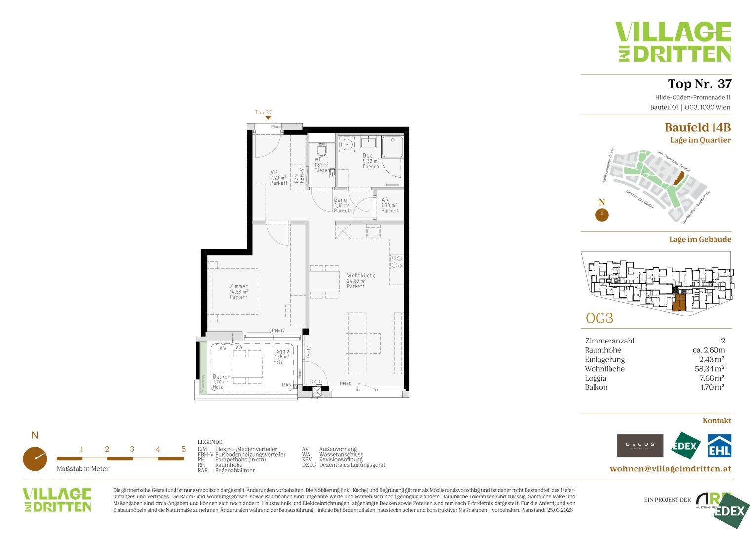 Grundriss einer Wohnung mit zwei Zimmern, Loggia und Balkon.