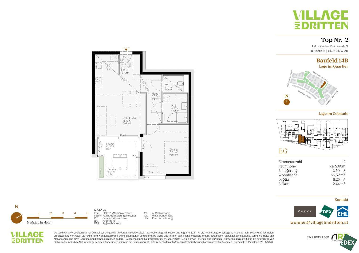 Detaillierter Grundriss einer Wohnung mit Wohnbereich, Schlafzimmer und Loggia.