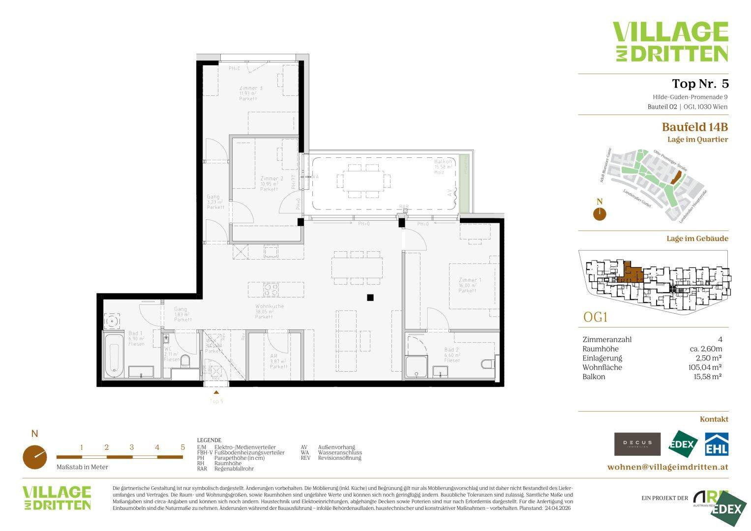 Detaillierter Grundriss einer Wohnung mit vier Zimmern, Balkon und klarer Raumaufteilung.