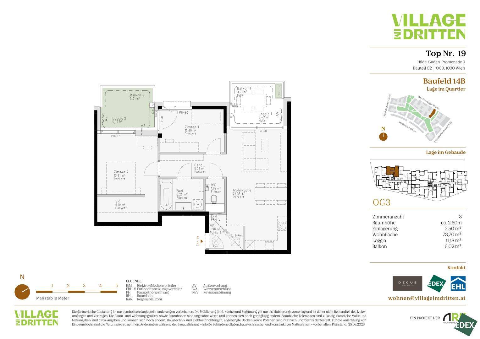 Grundriss einer Wohnung mit drei Zimmern, Loggia und Balkon im Obergeschoss.