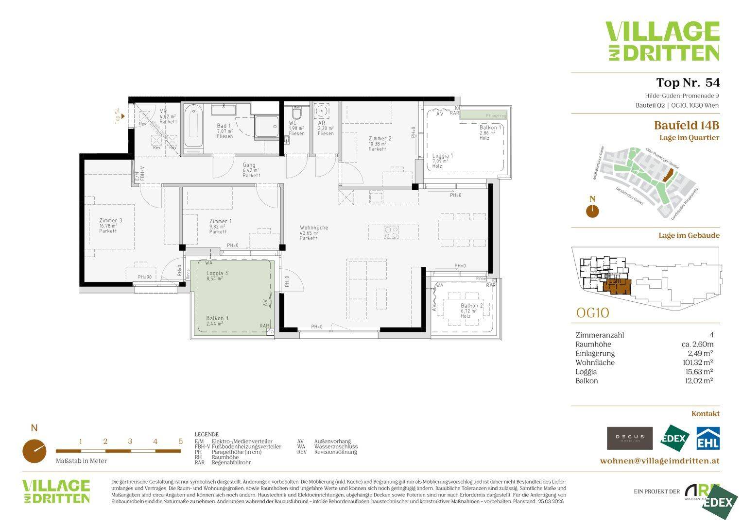 Grundriss einer Wohnung mit vier Zimmern, Loggia und Balkon.
