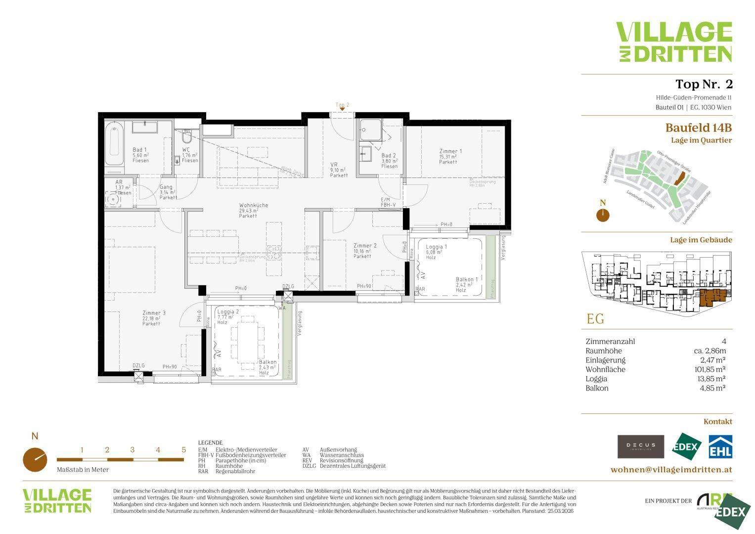Grundriss einer 4-Zimmer-Wohnung im Erdgeschoss mit offener Wohnküche, zwei Bädern, separatem WC, Loggia und Balkon.