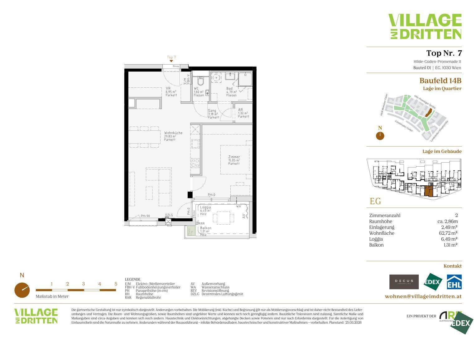 Grundriss einer 2-Zimmer-Wohnung mit Loggia und offenem Wohnbereich.