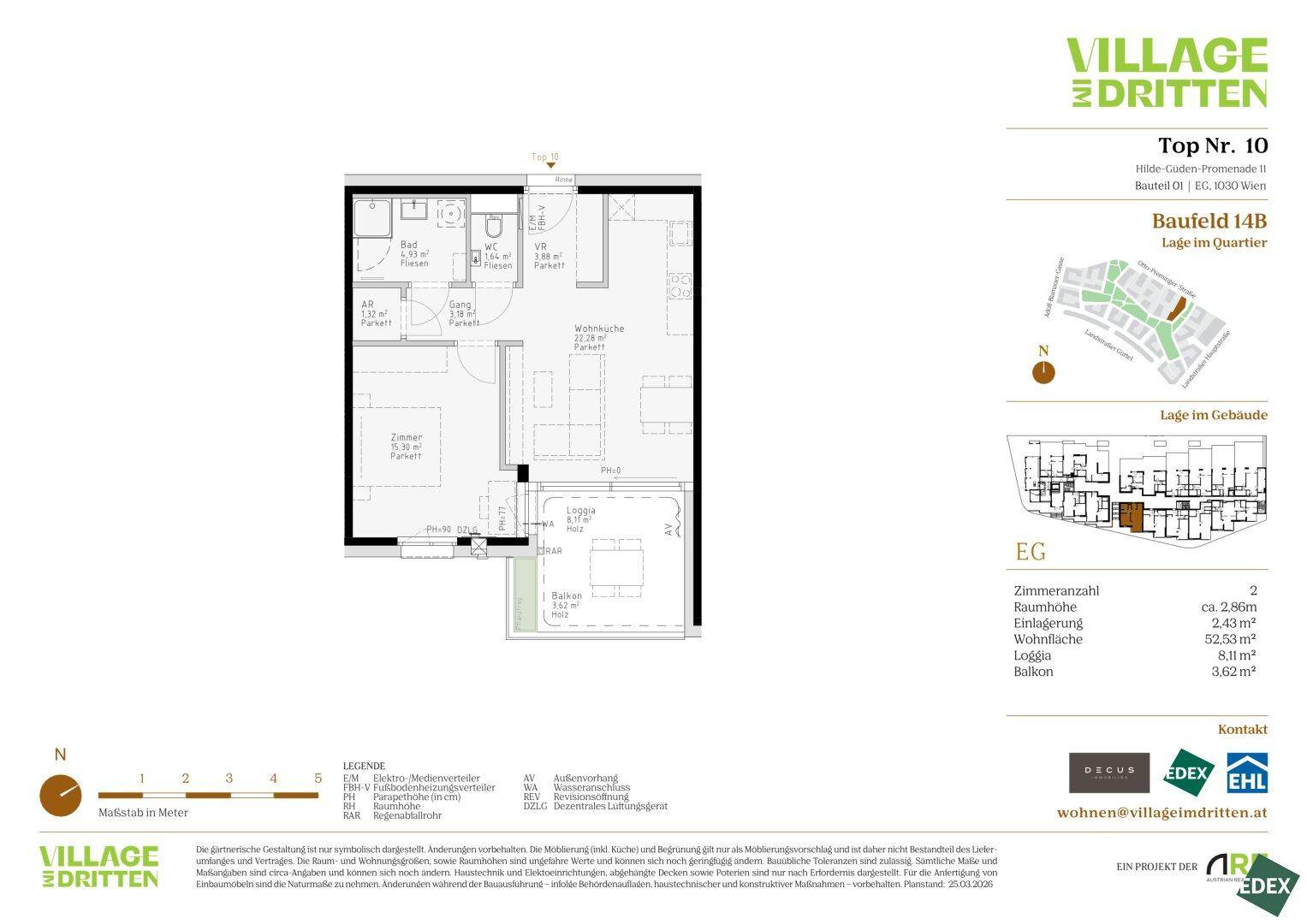 Detaillierter Grundriss einer Wohnung mit zwei Zimmern, Loggia und Balkon.